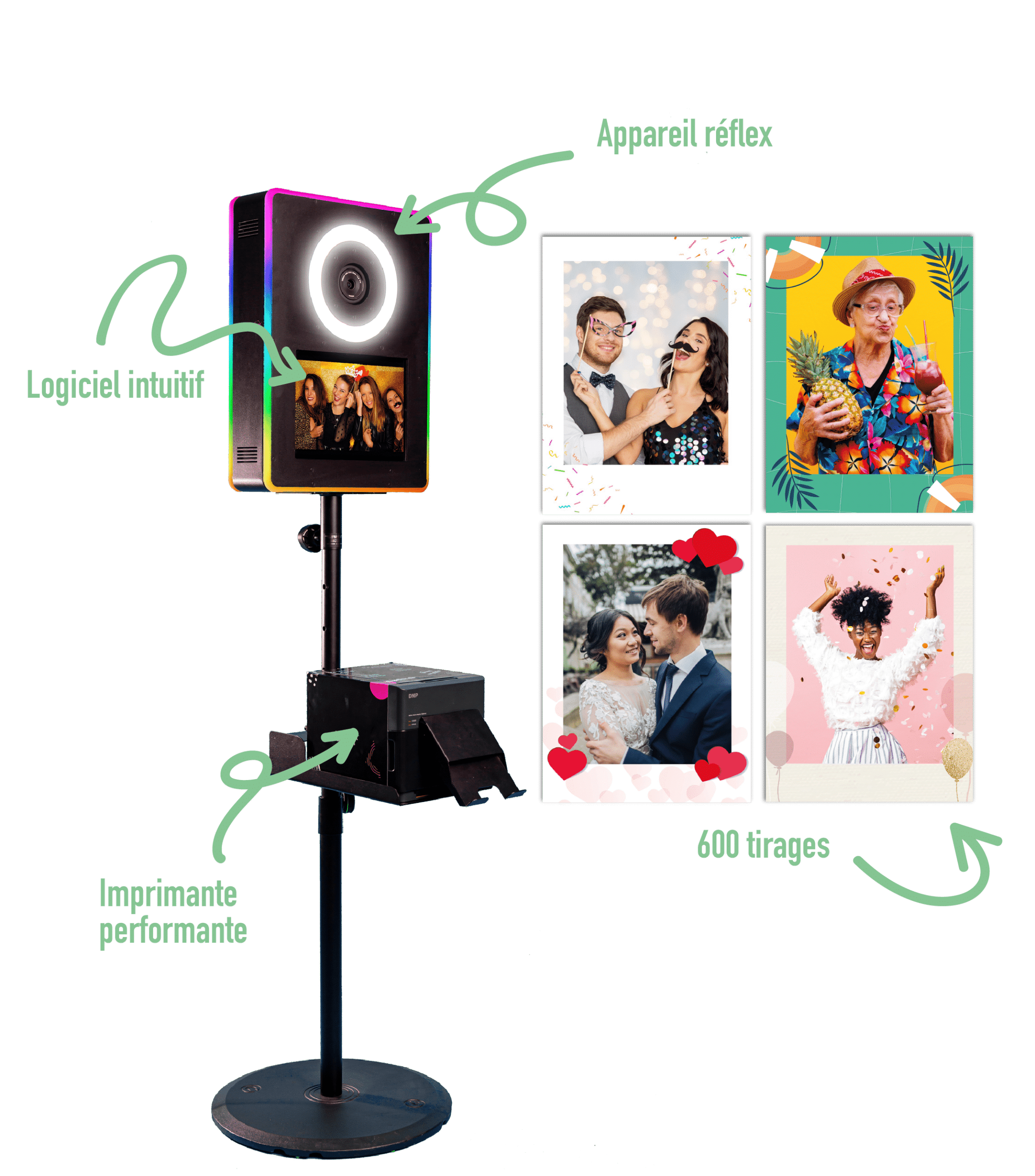 borne photo kiftabox imprimante pied fin photomaton portable location photobooth noir tirages photos personnalisation possible