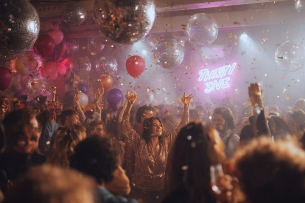 Soirée 35 ans dans un loft : mur de ballons framboise et champagne, néon Thirty-Five, ambiance dansante