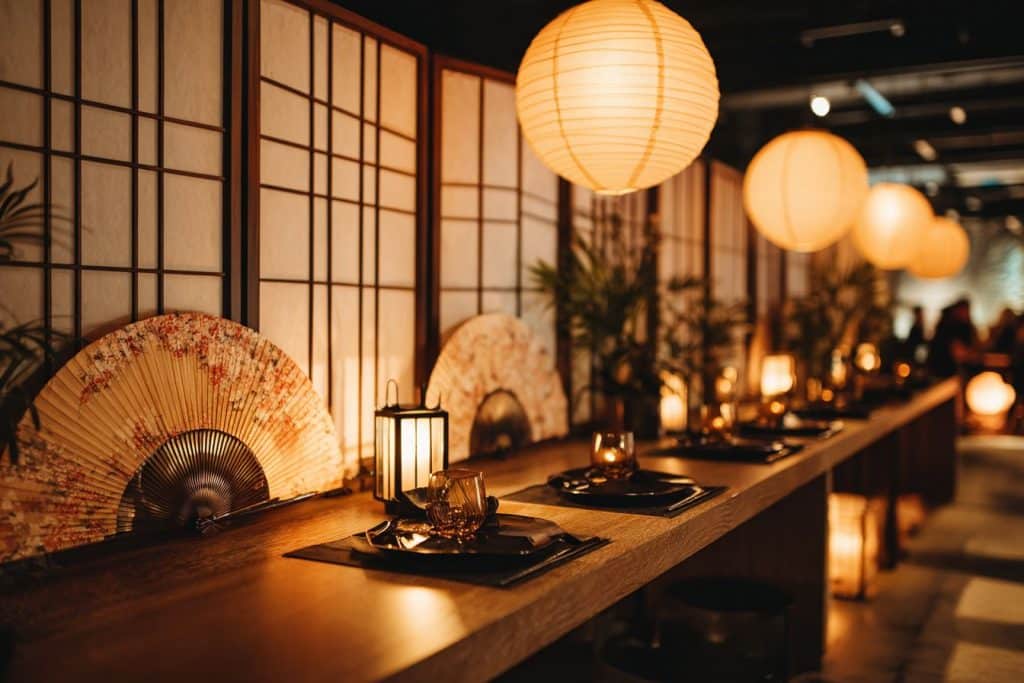 Célébration anniversaire 35 ans style japonais minimaliste avec sushi bar, invités en tenues noir et blanc, lanternes traditionnelles et éventails décoratifs