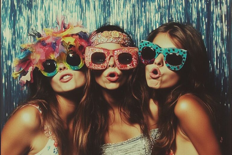 shooting photo trois filles backdrop photocall paillette lunettes soleil selfie