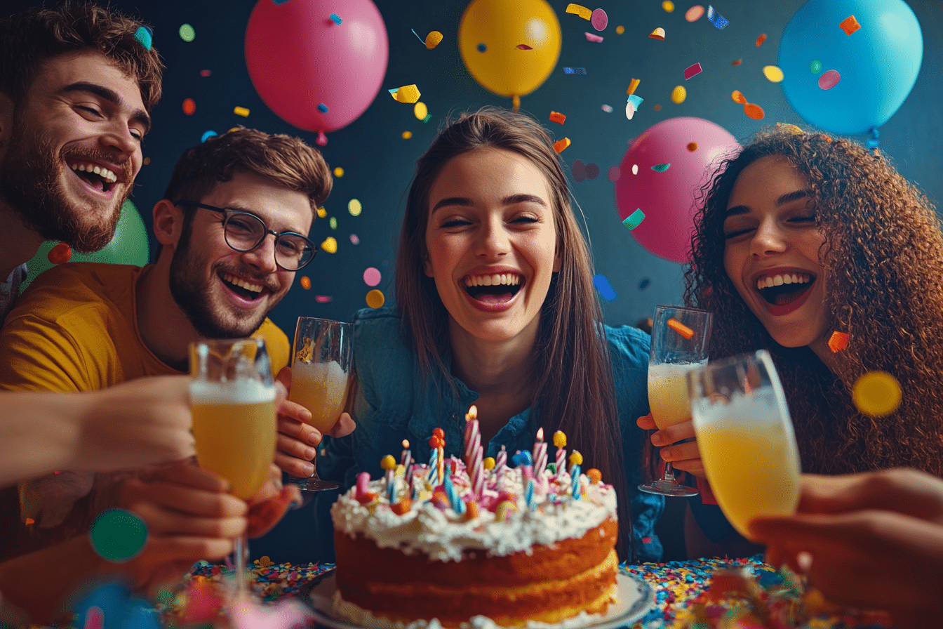 Gâteau d'anniversaire Pat Patrouille sur une table de fête décorée de ballons colorés