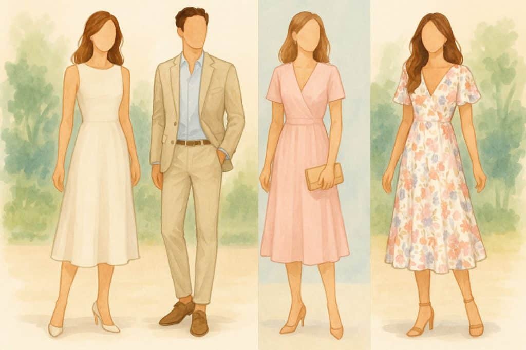 Illustration de quatre tenues d'invités de mariage : robe midi élégante, costume décontracté, robe pastel et robe à imprimés floraux