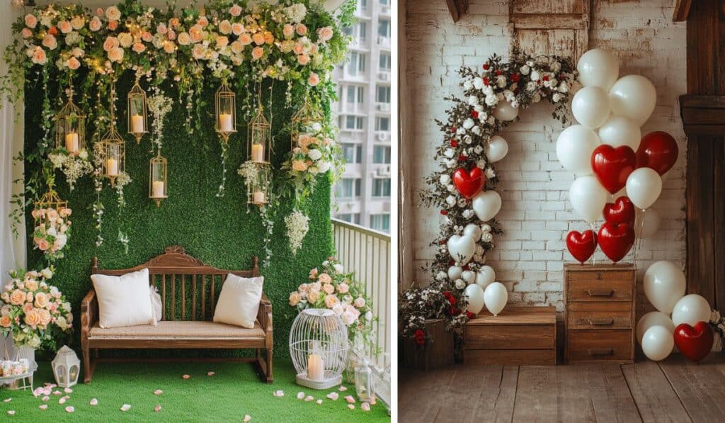 coin photo mariage style lieu balcon immeuble mur avec ballon cœur rouge amour décoration inspiration