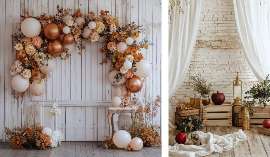 idée aménagement mur photo coin mariage décoration ballon cuivre mur blanc bois brique cagette drapé