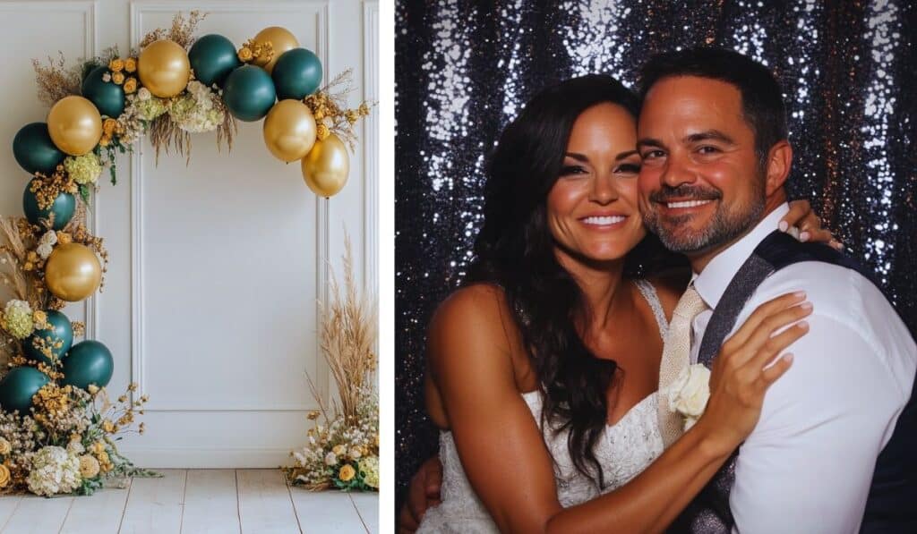style décoration coin photo mariage invité selfie arche ballon fond tissu