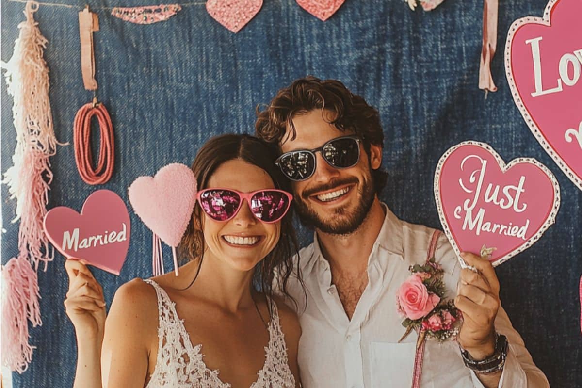 couple pancarte Just Married coin photo mariage déco jeans denim bleu photocall backdrop