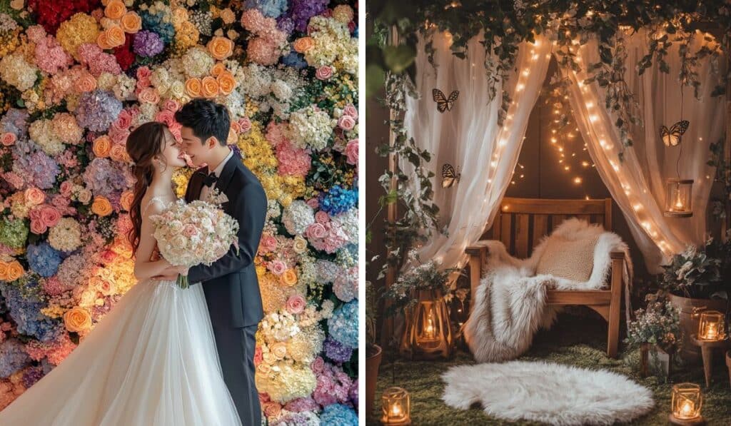 idée déco photocall mariage couple amoureux composition mur floral chaise voilage coin photo cosy