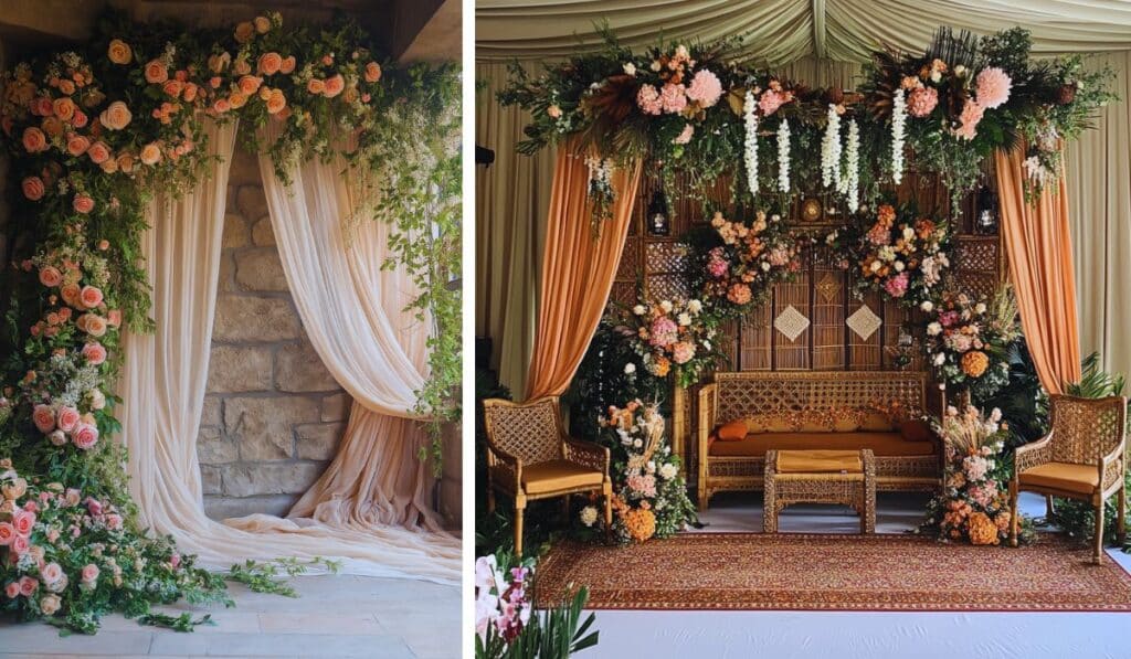 idée coin photo mariage bohème chic canapé cosy rotin mur pierre voilage fleur espace photographie invités