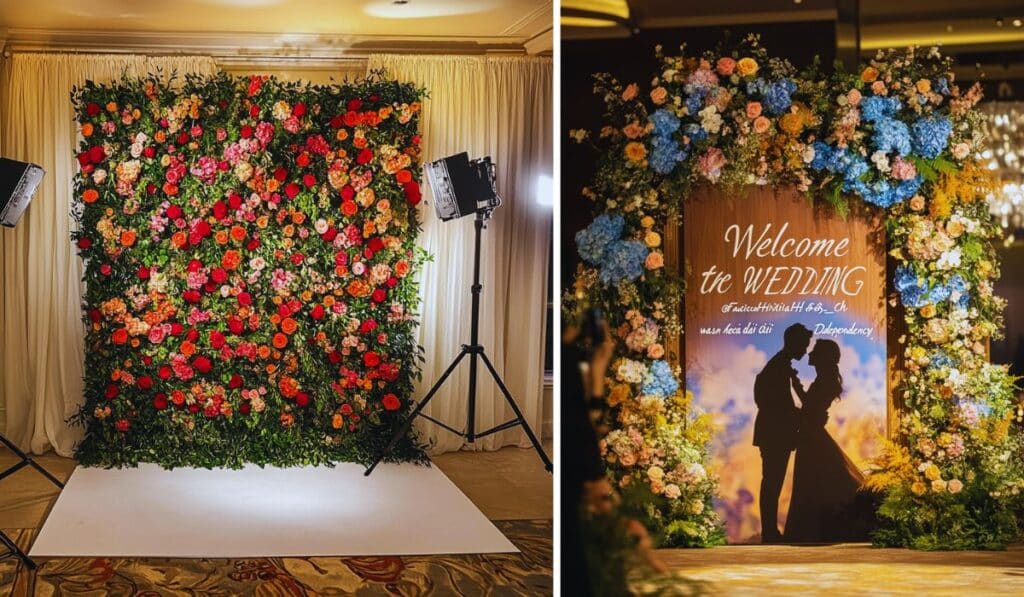 photocall mur de fleur backdrop composition floral coin photo mariage projecteur lumineux éclairage mariés