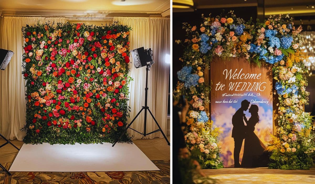 Toile de fond photobooth : mur de fleurs pour un coin photo