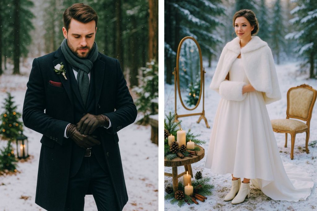 Mariée en robe d’hiver avec cape en fausse fourrure, manchon et bottines blanches, dans une forêt enneigée avec miroir et décor romantique Marié élégant en costume d’hiver avec manteau en laine, écharpe et gants en cuir, dans une forêt enneigée avec lanternes et sapins décorés