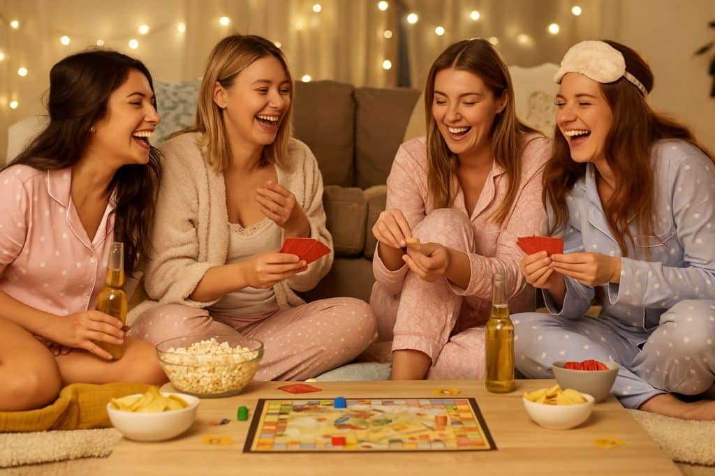 Jeux de société et divertissements lors d'une soirée pyjama adulte filles groupe combinaison pilou salon tapis table basse