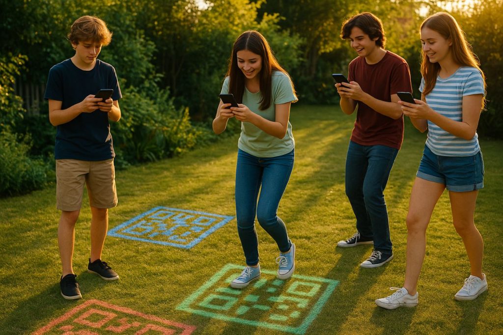 Adolescents jouant à un jeu en réalité augmentée dans un jardin avec des QR codes dessinés à la craie écologique.