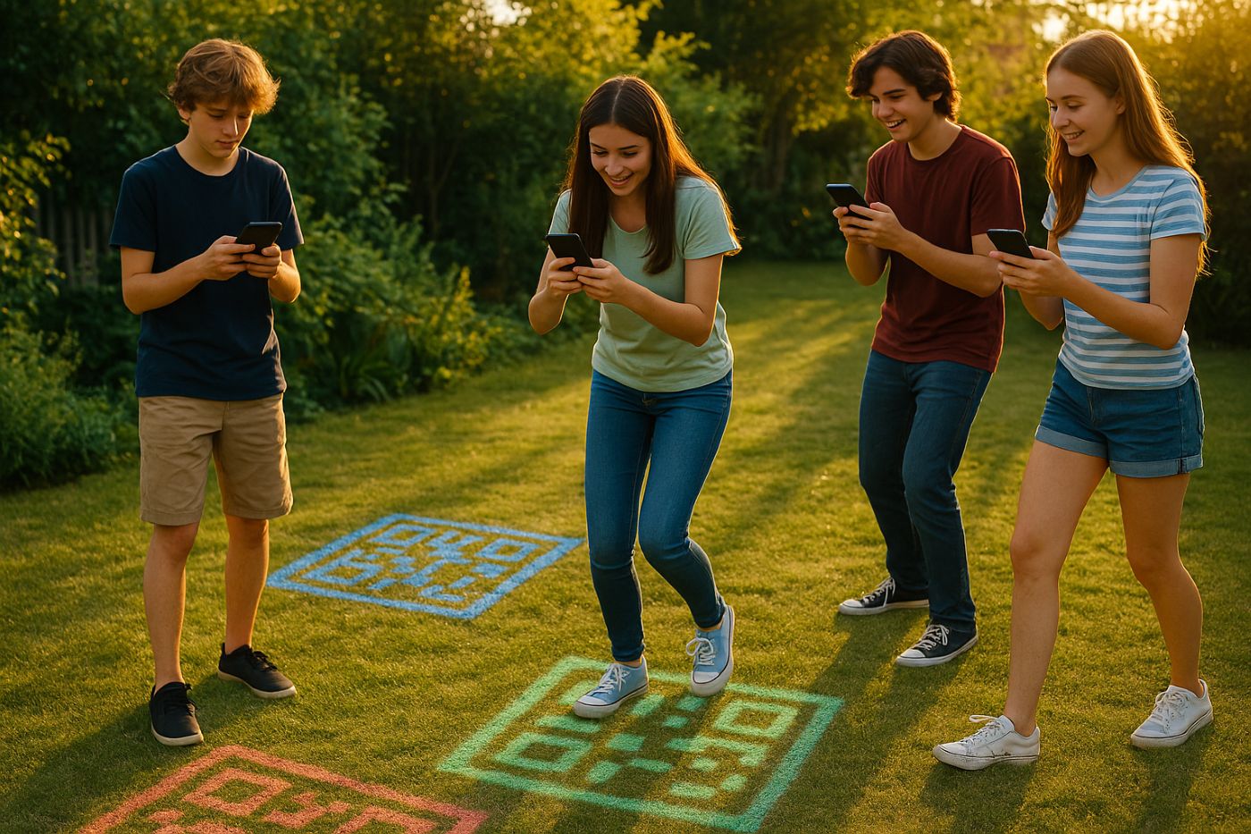 Adolescents jouant à un jeu en réalité augmentée dans un jardin avec des QR codes dessinés à la craie écologique.