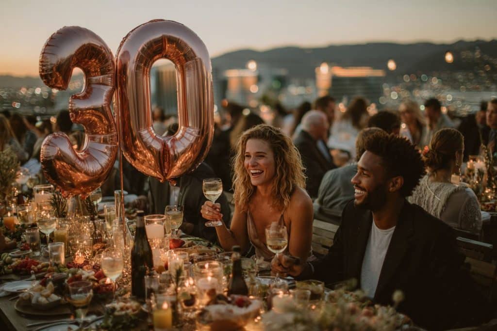 Soirée d’anniversaire 30 ans chic sur rooftop avec décoration rose gold et invités qui trinquent