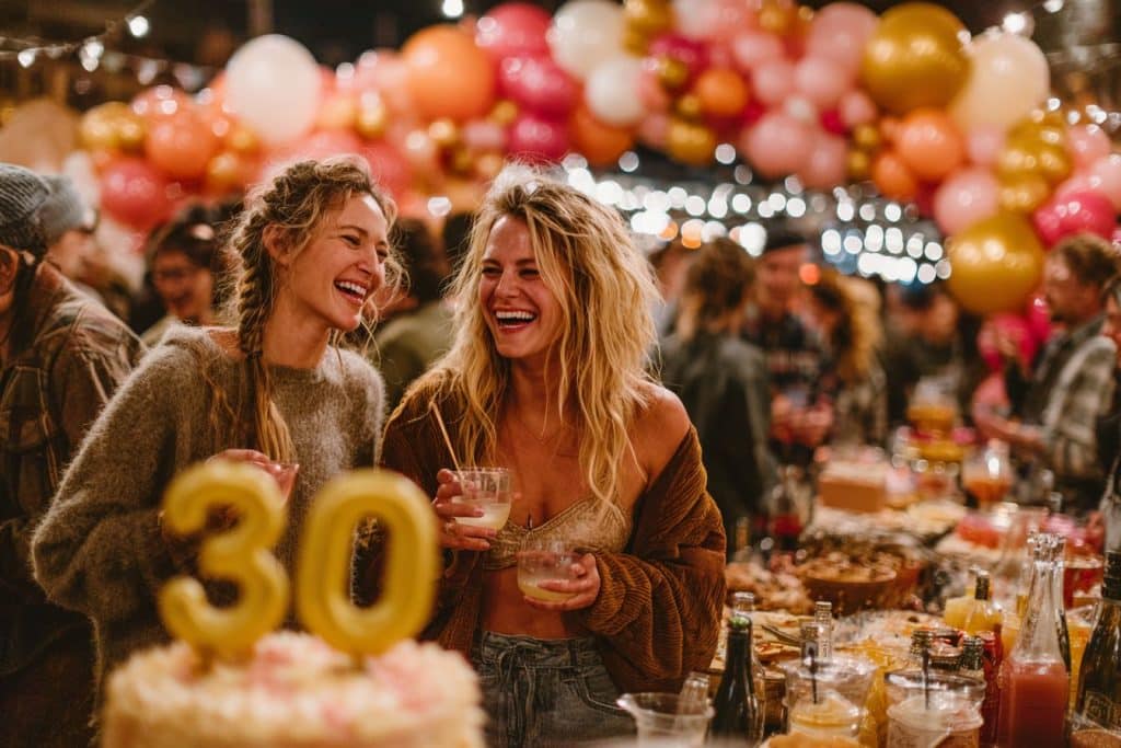 Fête d’anniversaire 30 ans colorée avec arche de ballons et invités qui dansent