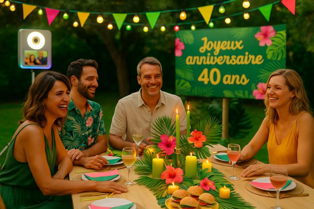 thème tropical anniversaire 40 ans adulte jardin table photobooth déco