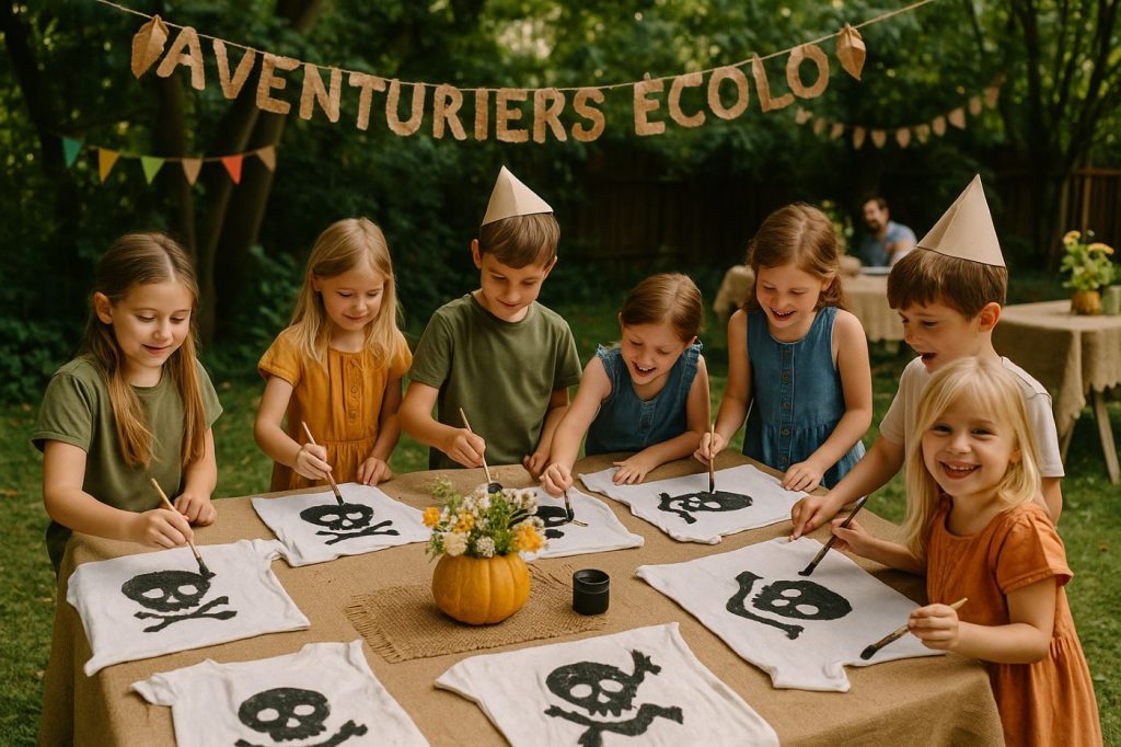 Enfants peignant des drapeaux pirates sur des t-shirts recyclés lors d’un anniversaire sur le thème “aventuriers écolos”, décoré avec guirlandes naturelles et potirons en vase