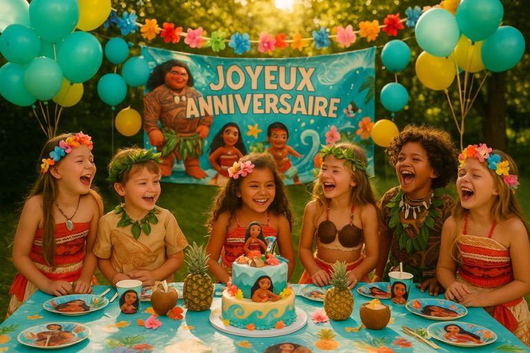 Enfants déguisés célébrant un anniversaire Vaiana dans un jardin décoré avec ballons, guirlandes et gâteau sur le thème polynésien