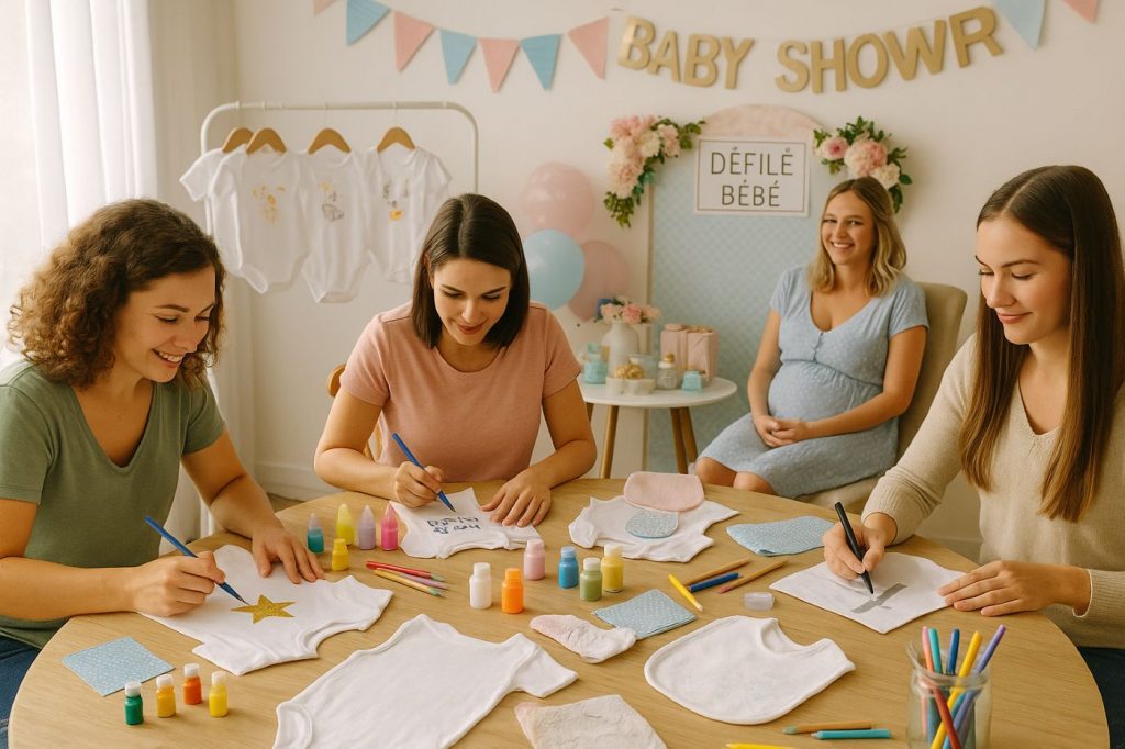 Invitées personnalisant bodies et bavoirs lors d’un atelier créatif de baby shower, avec peintures textiles, stylos déco et future maman observant les créations terminées