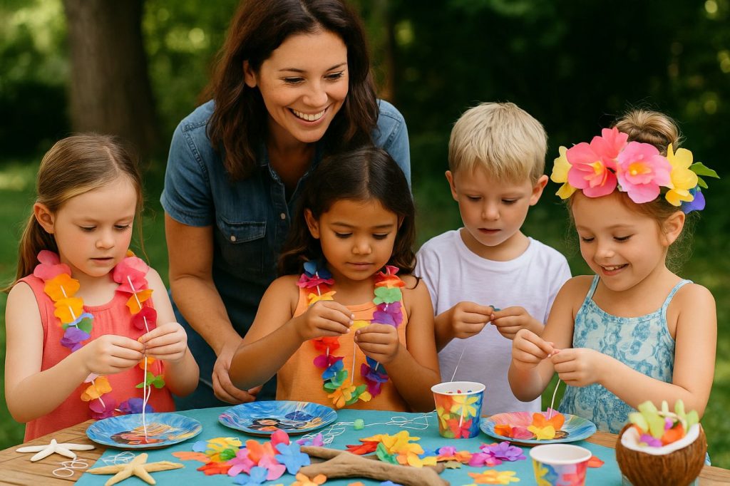 Enfants participant à un atelier créatif en extérieur pour fabriquer des colliers de fleurs sur le thème tropical, guidés par un adulte souriant