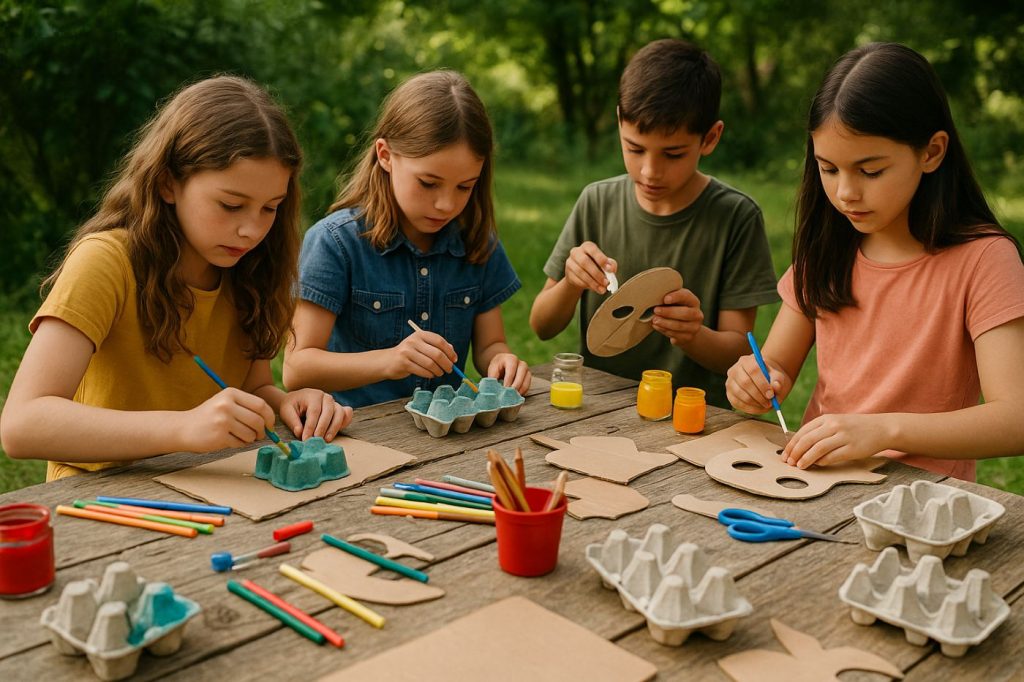 Atelier créatif d’enfants fabriquant des photophores avec boîtes d’œufs et des masques en carton recyclé en plein air.