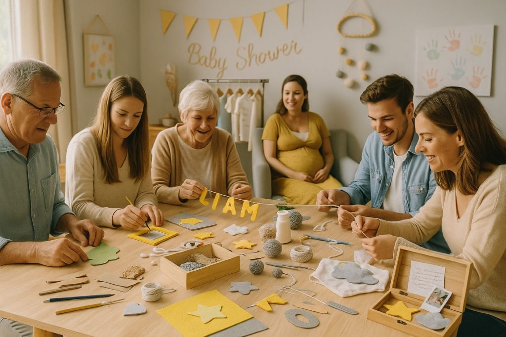 Invités créant des décorations pour la chambre de bébé lors d’un atelier baby shower, avec feutrine, ficelle, guirlandes et future maman observant la scène chaleureuse