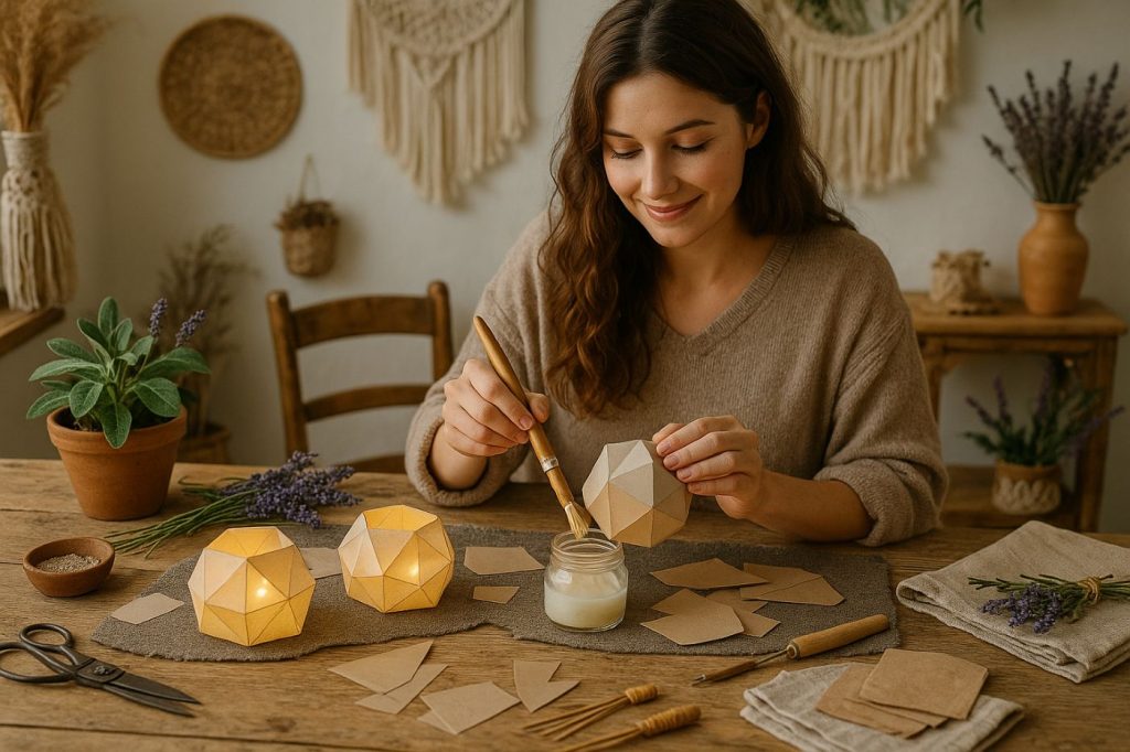 Atelier DIY de décoration mariage avec création de centres de table en papier recyclé et LED rechargeables sur table en bois.