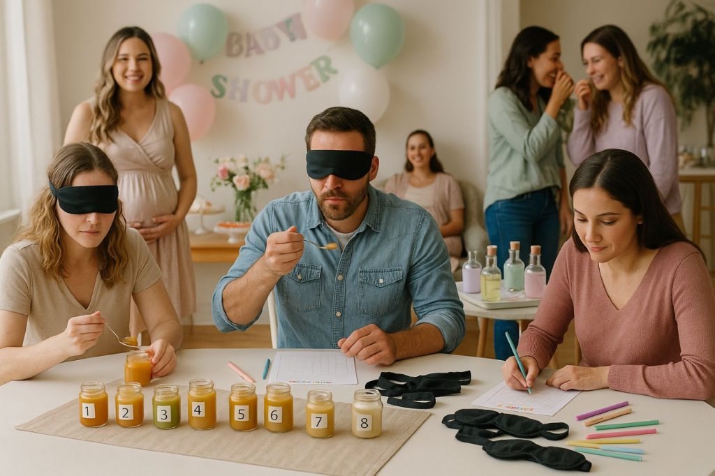Invités dégustant à l’aveugle des petits pots pour bébé lors d’une baby shower, avec bandeaux, fiches de réponses et ambiance conviviale et sensorielle