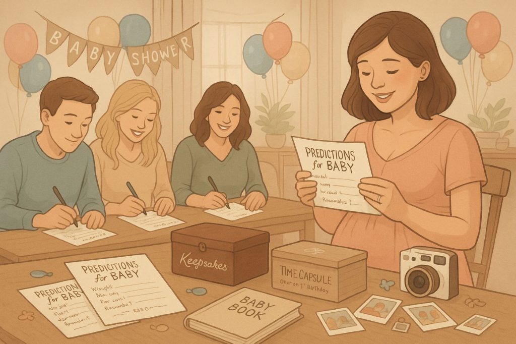 Invités remplissant des cartes de prédictions pour le bébé lors d'une baby shower, avec livre souvenir, boîte à souvenirs et capsule temporelle à ouvrir à 1 an