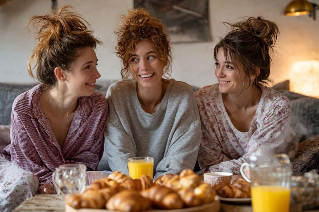 Femmes d’environ 30 ans en pyjama découvrant un brunch avec viennoiseries et café après une soirée pyjama