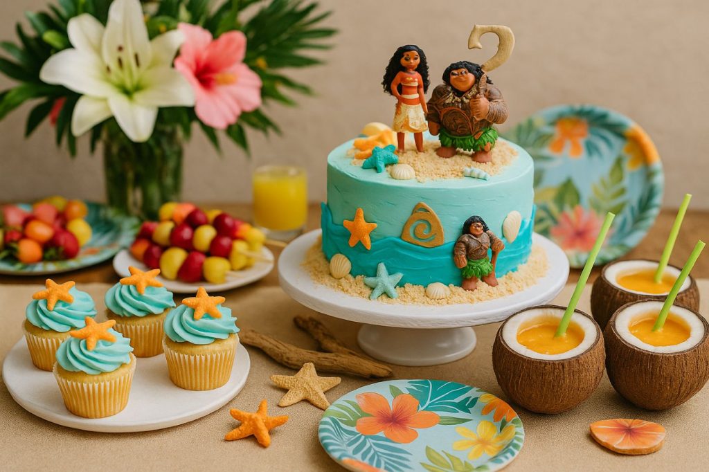 Buffet d’anniversaire coloré sur le thème Vaiana avec gâteau décoré façon océan, cupcakes étoile de mer, fruits exotiques et boissons dans des noix de coco
