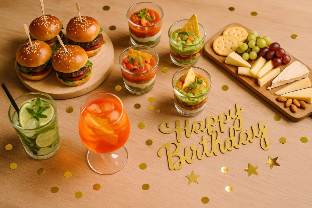 Buffet gourmand avec cocktails et amuse-bouches pour anniversaire adulte