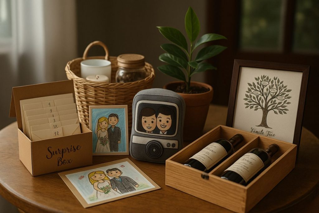 Table décorée avec des cadeaux personnalisés pour les mariés : surprise box, dessin d’enfants, plante, arbre généalogique et coffret de vin