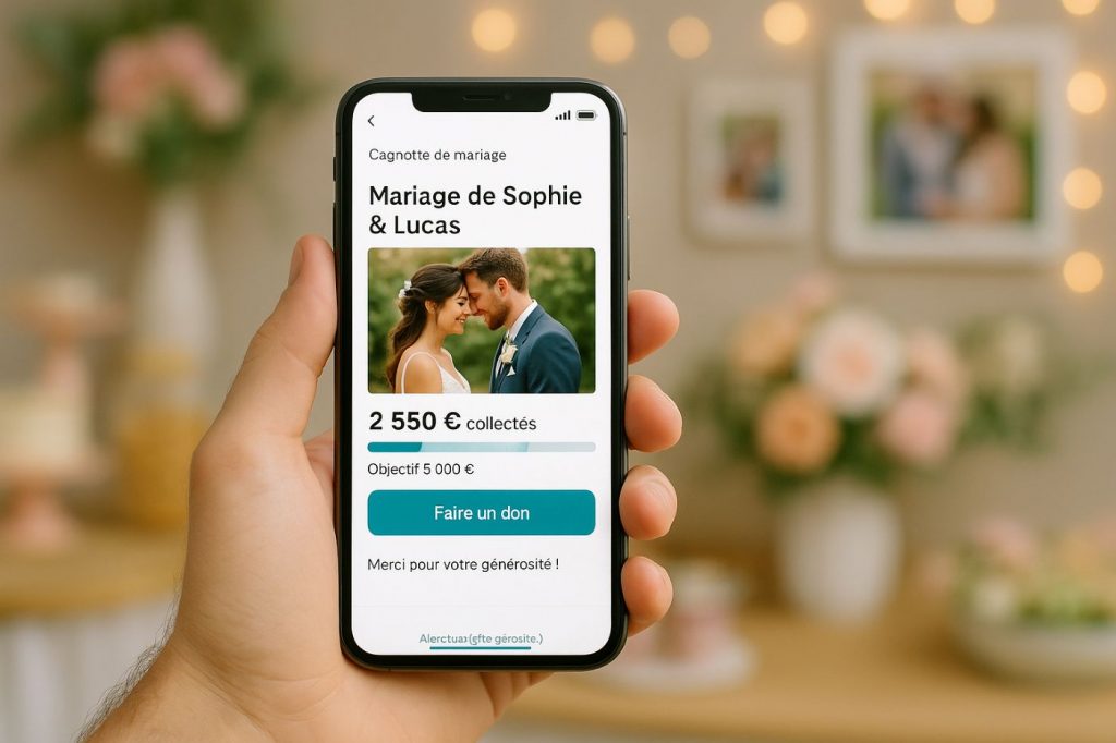 Main tenant un smartphone affichant une cagnotte de mariage fictive "Mariage de Sophie & Lucas" sur une appli de type Leetchi, avec en arrière-plan flou une décoration de mariage pastel et des photos des mariés