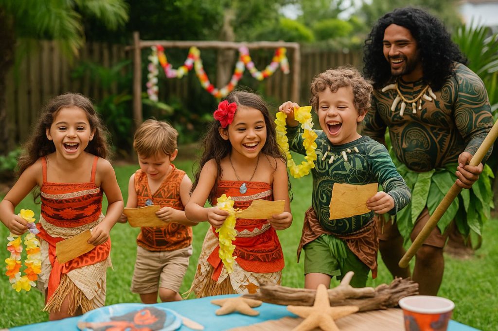 Enfants jouant à une chasse au trésor dans un jardin sur le thème tropical, à la recherche de colliers de fleurs, guidés par un adulte dans une ambiance festive