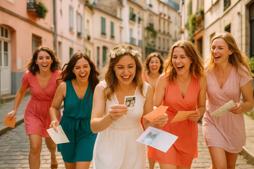Jeunes femmes lors dâune chasse au trĂ©sor EVJF dans une rue pittoresque de Paris, la mariĂ©e souriant en dĂ©couvrant une photo souvenir entourĂ©e de ses amies avec cartes et enveloppes en main