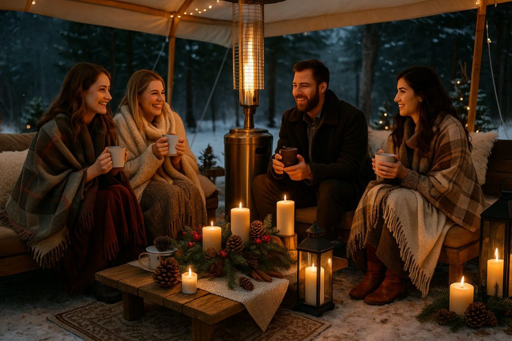 Invités installés sous une tente chauffée lors d’un mariage hivernal, couverts de plaids et dégustant des boissons chaudes autour de bougies et lanternes