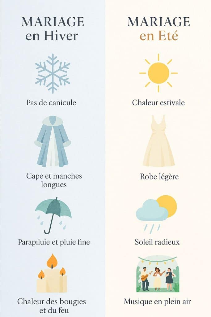 Infographie verticale comparant les avantages du mariage en hiver et du mariage en été, avec icônes illustrant le confort thermique, le style vestimentaire, la météo et l’ambiance, sur fond élégant texturé.