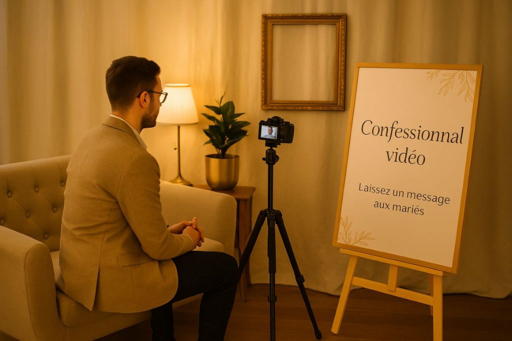 Coin vidéo confessionnal où les invités laissent des messages personnels aux mariés cosy caméra sur pied 