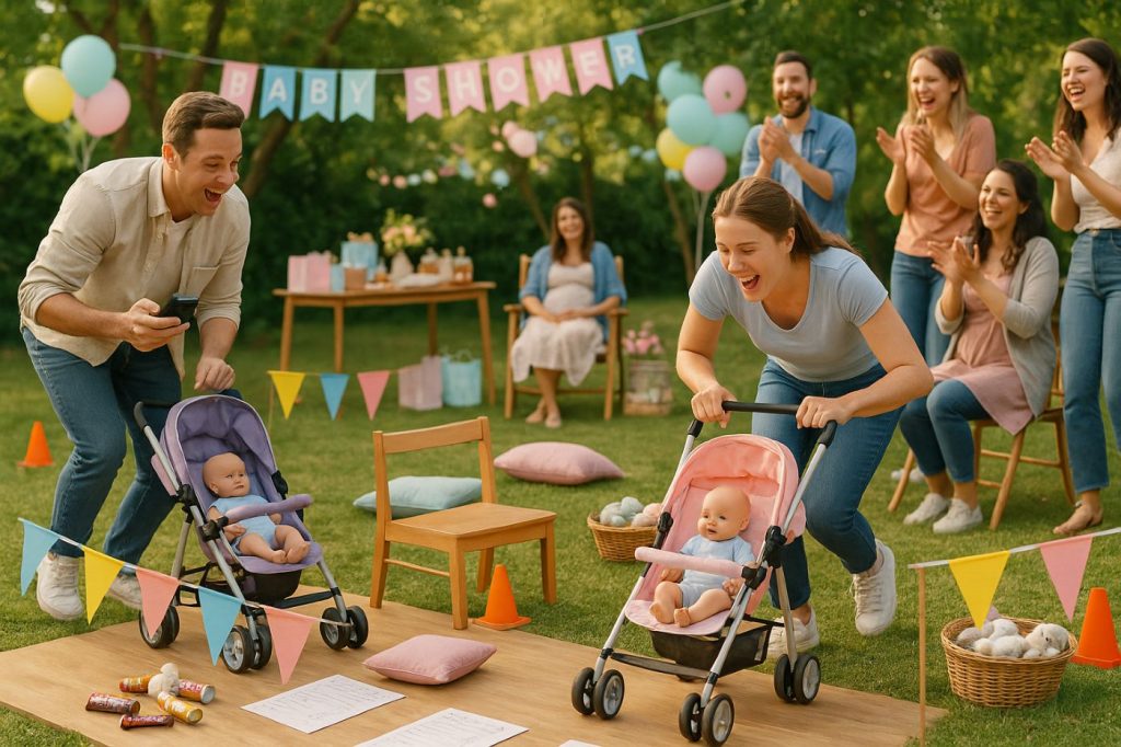 Invités s'affrontant lors d’une course de poussettes pour baby shower dans un jardin, avec parcours d’obstacles, poupées et ambiance festive autour de la future maman
