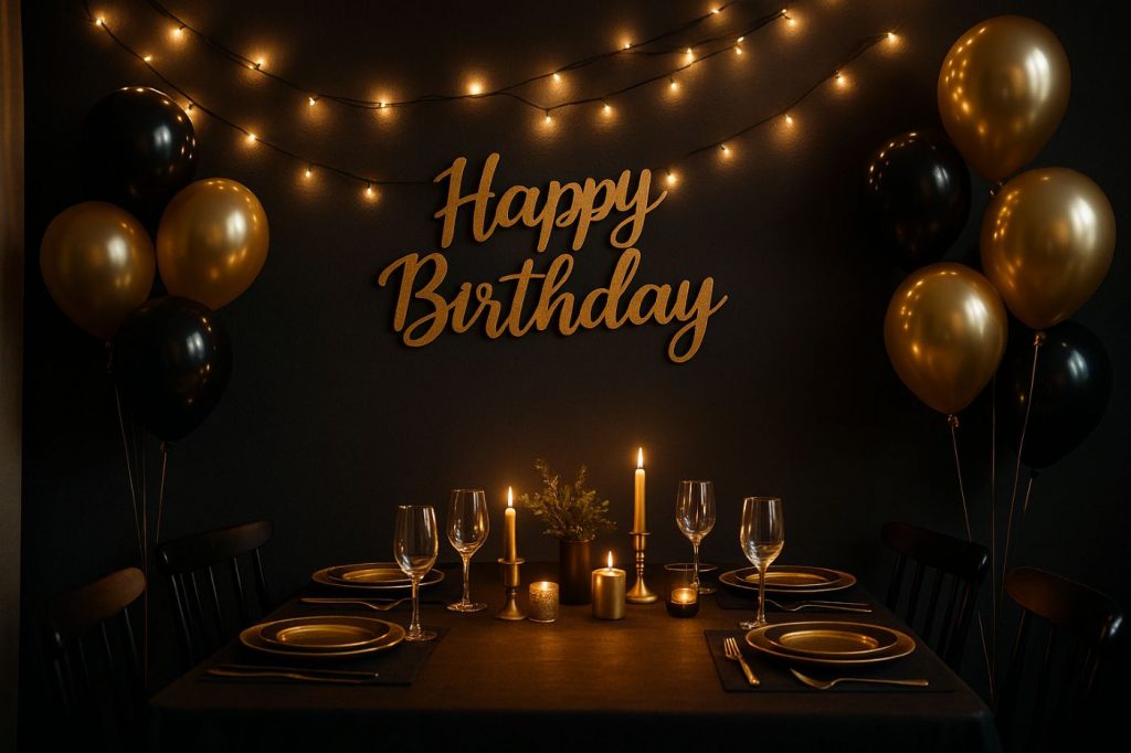 Décoration élégante en noir et or pour un anniversaire adulte luminosité faible