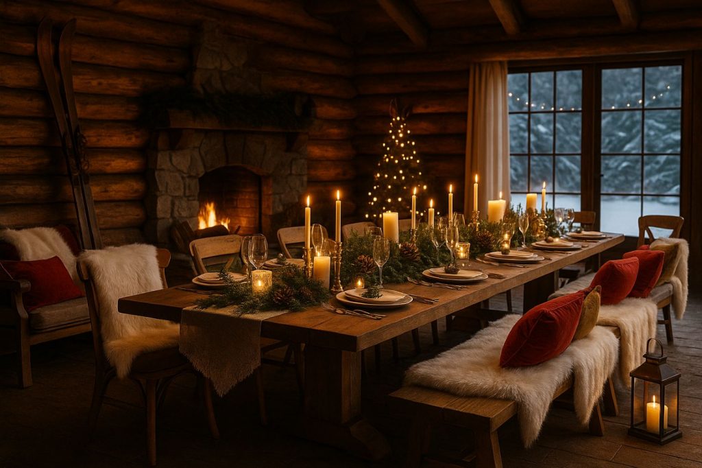 Table de mariage dans un chalet montagnard chic avec bougies, bois brut, coussins rouges, fourrures synthétiques et feu de cheminée