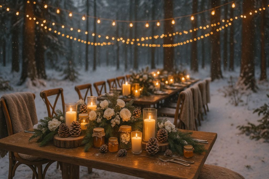 Table de mariage hivernal décorée dans une forêt enneigée avec bougies, fleurs blanches, pommes de pin et guirlandes lumineuses suspendues