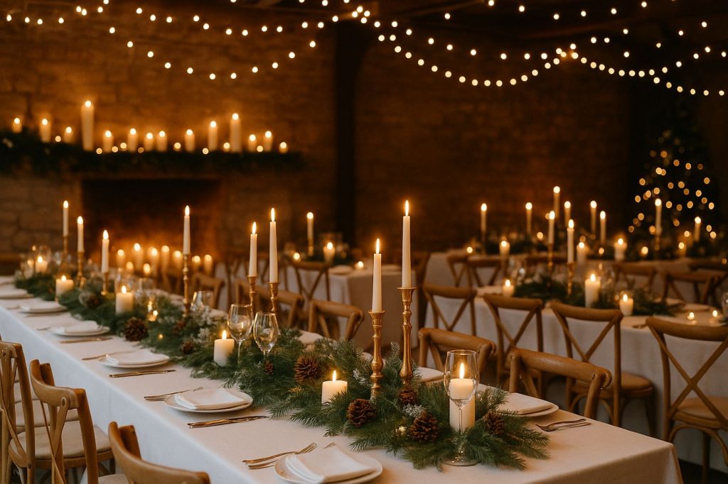 Décoration de salle de mariage en hiver avec sapin, bougies et guirlandes