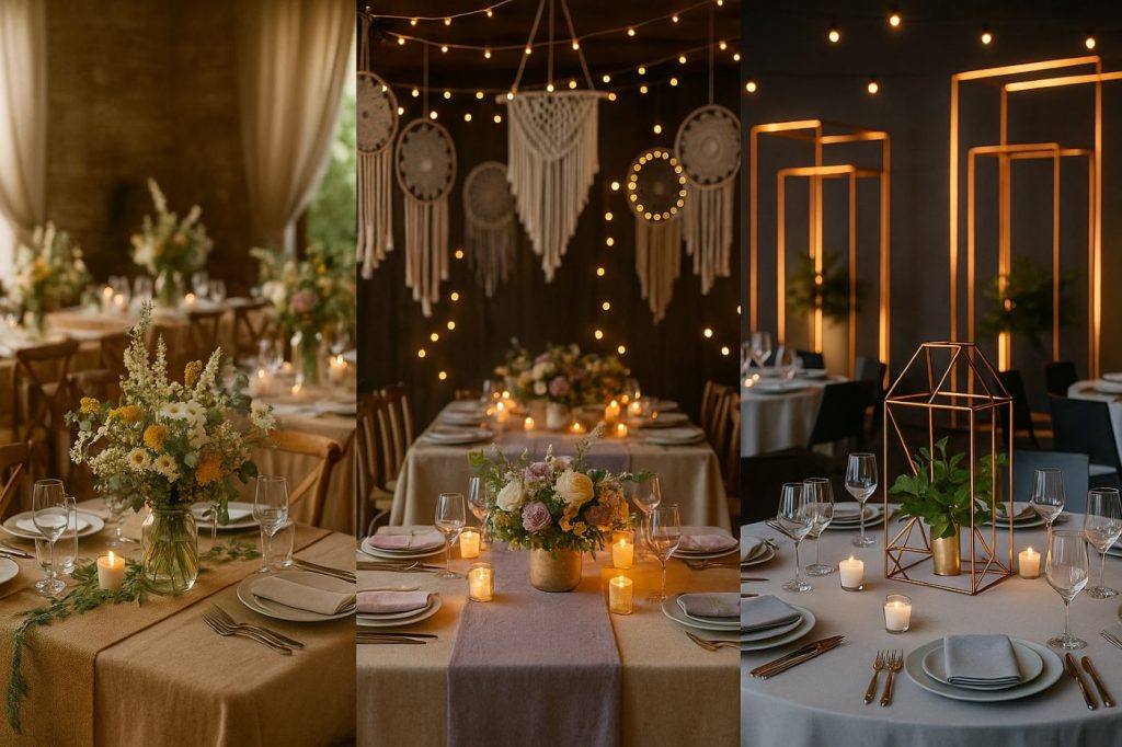 Trois styles de décoration de salle de mariage : champêtre avec bois brut et lin, bohème chic avec macramé et tons lavande, et moderne avec LED cuivre
