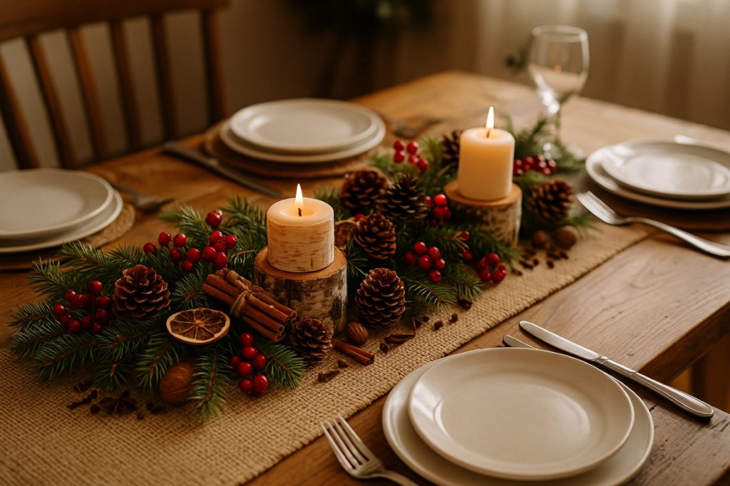 Décoration de table de mariage hivernal avec pommes de pin, branches de sapin, baies rouges, cannelle et bougies sur bois brut et toile de jute