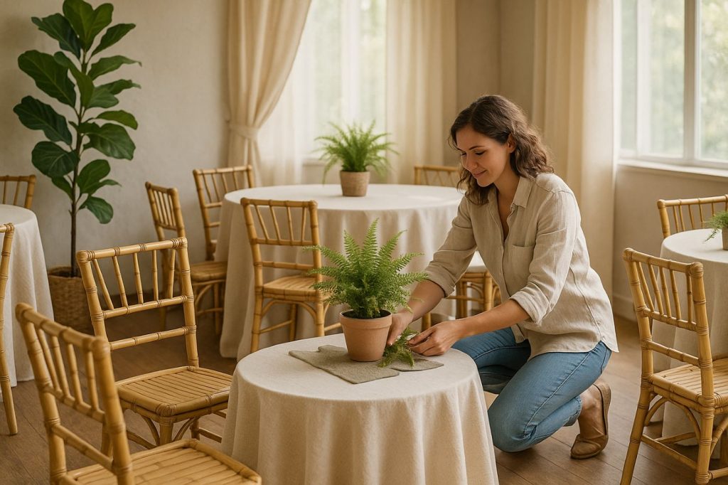 Décoratrice installant des plantes en pot, mobilier en bambou et nappes en tissu recyclé pour une salle de mariage