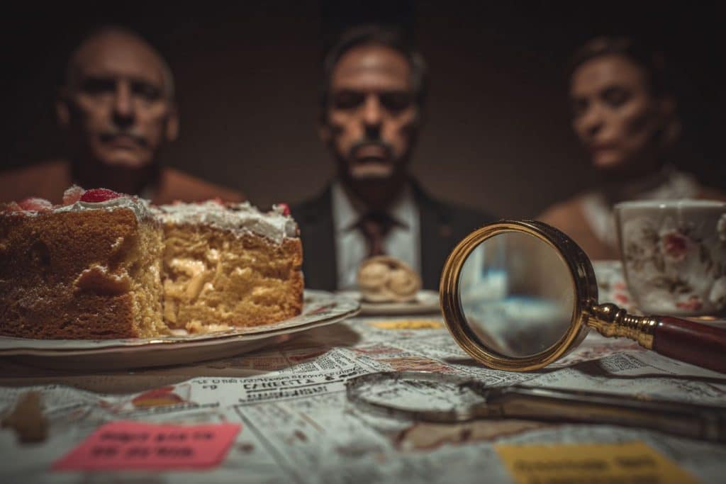Jeu d’enquête pour anniversaire avec gâteau entamé, suspects et indices sur la table