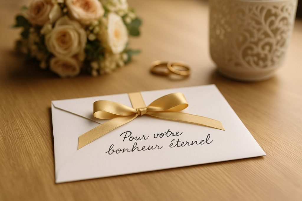 Enveloppe de mariage blanche avec ruban doré et message manuscrit "Pour votre bonheur éternel", posée sur une table avec bouquet et alliances en arrière-plan